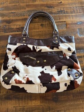 Cowhide Print Purse Bag - White, Brown & Black